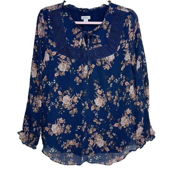 SUNDANCE Botanical Blouse Top Womens Sz L Silk Floral Crochet Lined - Picture 1 of 6